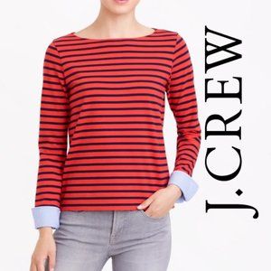 J. CREW RED Navy Blue Striped Chambray Shirttail Boatneck Top! Size SMALL!